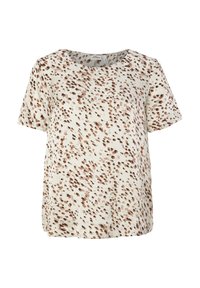 Blusa a maniche corte con sfondo crema e motivo a macchie marroni. Collo rotondo e vestibilità rilassata. Tessuto leggero.