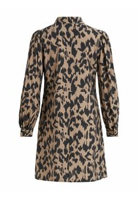 Robe manches longues, longueur genou, avec imprimé animal abstrait marron et noir et poignets boutonnés, vue de dos sur fond blanc.