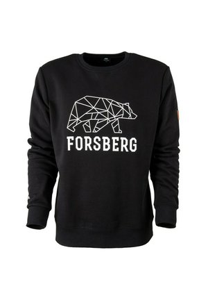 Schwarzer Sweatshirt mit langen Ärmeln, ausgestattet mit einem geometrischen Bärenmuster und dem weißen Text "FORSBERG". Gerippte Bündchen und Halsausschnitt, weiche Textur.