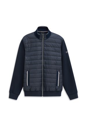 Marineblau gesteppte Jacke mit Reißverschluss vorne, seitlichen Reißverschlusstaschen, gerippten Bündchen und Stehkragen.