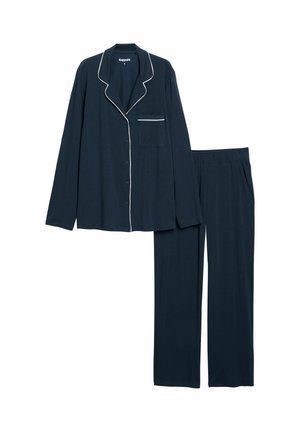 Marineblaues Pyjama-Set aus weichem Stoff, bestehend aus langärmligem, knöpfbarem Oberteil mit weißer Paspelierung und passenden Hosen mit elastischem Bund.
