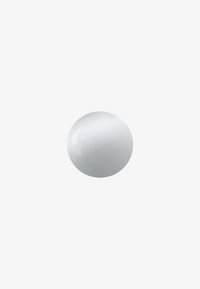 Glossy, spherical white object with a smooth texture and slight metallic sheen, reflecting light against a plain background.
