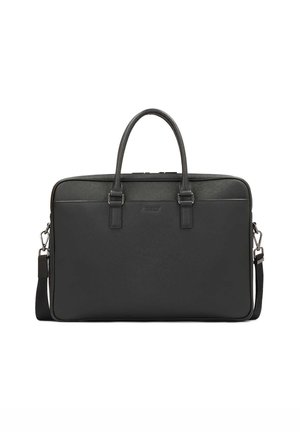 Zwarte leren aktetas met dubbele handvatten en een verstelbare schouderriem. Heeft een gladde textuur, subtiel logo en gestructureerd rechthoekig ontwerp.