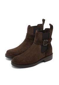 Brown suede ankle boots with elastic side panels, a strap and buckle detail, and a rubber sole for traction. Classic rounded toe design.