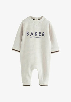 Vaaleanharmaa pitkähihainen body, jossa on tekstuurinen materiaali. Etupuolella on teksti "BAKER" tummansinisellä, ja sen alapuolella lukee "by TED BAKER". Ribbauslahkeet ruskeilla yksityiskohdilla.