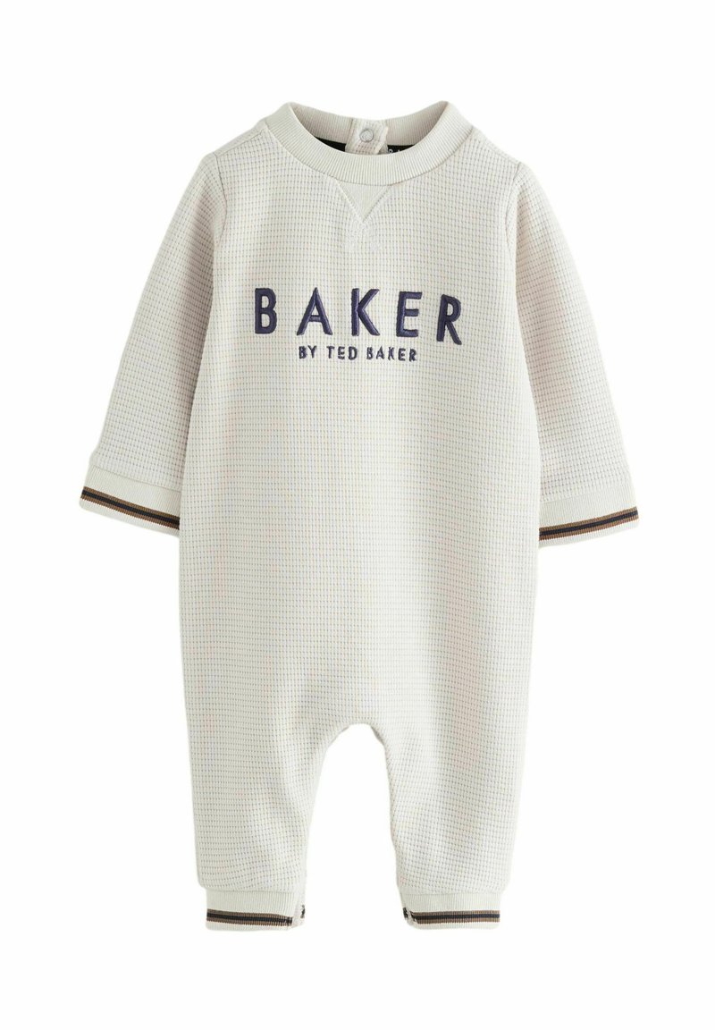 Ljusgrå långärmad body i strukturerad material, med "BAKER" i marinblått och "by TED BAKER" under. Ribbstickade muddarna har bruna accenter.