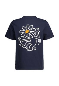 Navy cotton t-shirt featuring a large white graphic of a dancing figure with a daisy in the background, accented with a yellow center.
