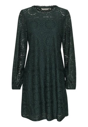 Abito verde in pizzo con maniche lunghe, scollatura rotonda e motivi floreali. Forma a trapezio con una texture a strati.