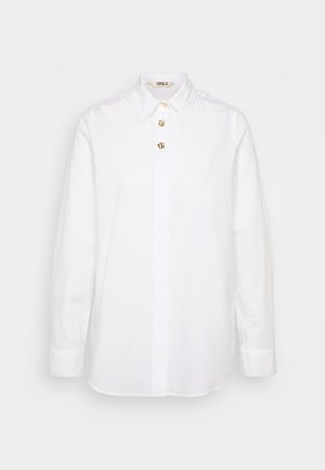 White long-sleeve shirt made of cotton with a classic collar, featuring a buttoned front and gold-tone buttons for accents.