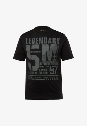 Sort bomulds T-shirt med stort gråt trykt tekst med mønstre, rund halsudskæring og korte ærmer. Designet til afslappet aktivt tøj.