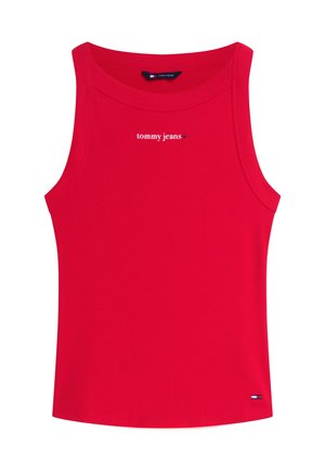 Piros ujjatlan bordázott trikó, amelyen a mellkason "tommy jeans" felirat, az alján pedig egy kis Tommy Hilfiger zászló található.