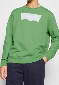 Personne portant un sweat-shirt vert Levi's avec un logo blanc, associé à un pantalon bleu marine foncé, main dans la poche, devant un fond uni.
