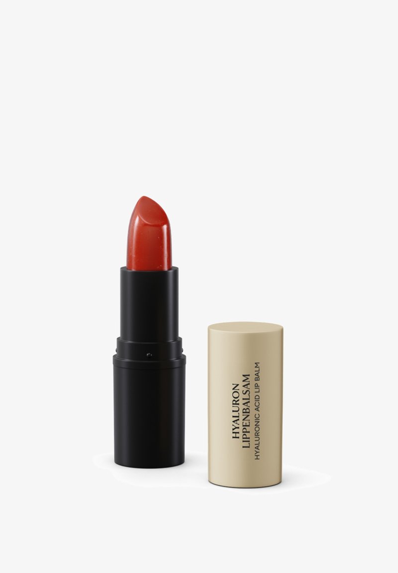 Red hyaluronic acid lip balm lipstick with black base and beige cap labeled "HYALURON LIPPENBALSAM."