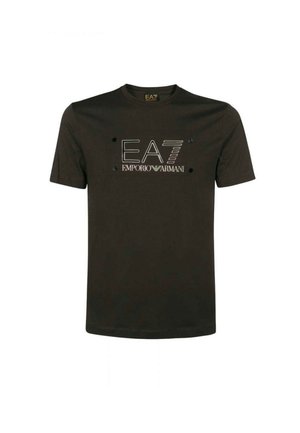 Camiseta de algodón verde oscuro con el logo de EA7 Emporio Armani en blanco y gris claro, mangas cortas y diseño de cuello redondo.