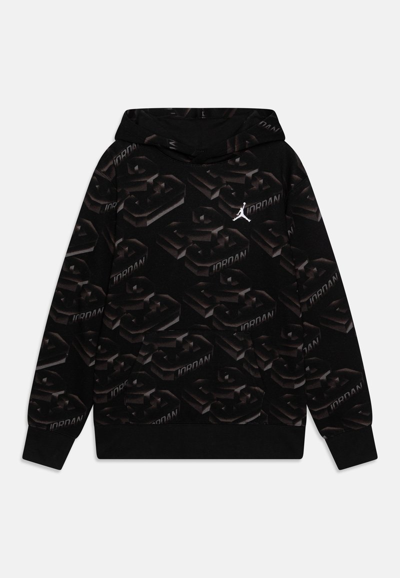 Sweat à capuche noir avec un motif en relief "23 Jordan" sur l'ensemble et un petit logo Jumpman blanc sur la poitrine.