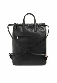 Zaino in pelle nera con parte superiore arricciata, doppi manici, spallacci regolabili e tasca esterna con zip. Texture liscia e design minimalista.