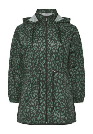 Green and black leopard print jacket with a zip front, adjustable drawstring waist, and hood. Features two front pockets and elastic cuffs.