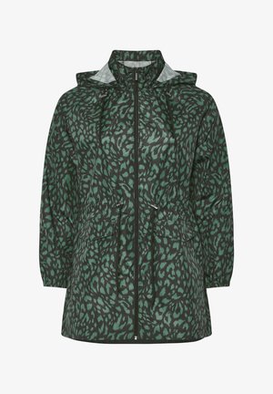 Groene en zwarte luipaardprint jas met een ritssluiting aan de voorkant, verstelbare trekkoord taille en capuchon. Voorzien van twee voorzakken en elastische manchetten.