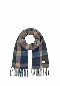 Sciarpa tessuta con motivo a quadri blu, grigio e beige; texture morbida; finita con bordi frangiati; forma rettangolare.