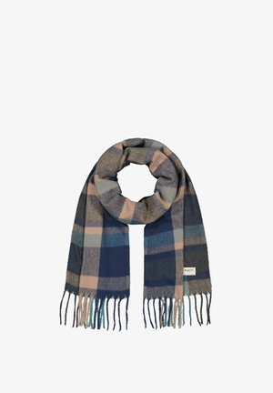 Sciarpa tessuta con motivo a quadri blu, grigio e beige; texture morbida; finita con bordi frangiati; forma rettangolare.