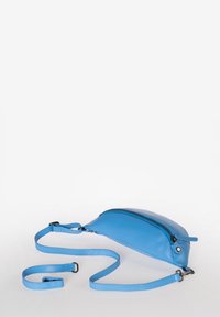 Borsa a tracolla in pelle blu con una texture liscia, forma curvata e tracolla regolabile. Presenta una chiusura con zip e dettagli metallici.