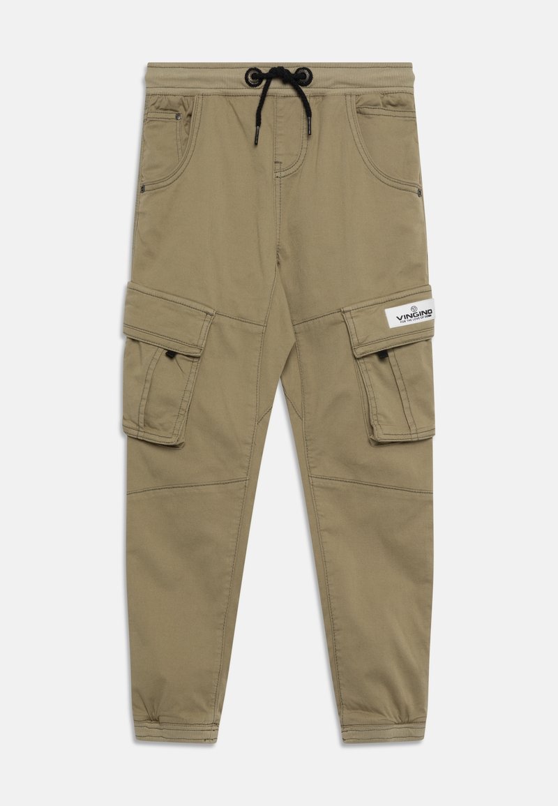 Pantalon cargo beige avec taille élastique et cordon de serrage noir, plusieurs poches dont des poches à rabat avec fermeture à bouton, ainsi qu'une étiquette de marque sur le côté.