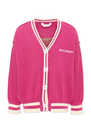 Cardigan de punto rosa con ribete de rayas blancas y rosas, botones blancos en la parte delantera y logotipo "Palm Angels" blanco en el pecho izquierdo.