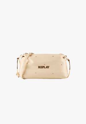 Cremfarbene, rechteckige Lederschultertasche mit goldfarbenen Nieten und mittig platziertem "REPLAY"-Logo auf der Vorderseite. Verstellbarer Riemen befestigt.
