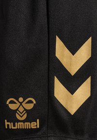 Zwarte stof met een gladde textuur en gouden accenten. Opvallende details zijn een bijlogo en chevronpatronen in metallisch goud.