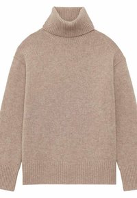 Pull en maille beige à col roulé avec un col et des poignets côtelés. Présente une coupe décontractée et un tissu texturé. Pas de motifs ni d'accents visibles.