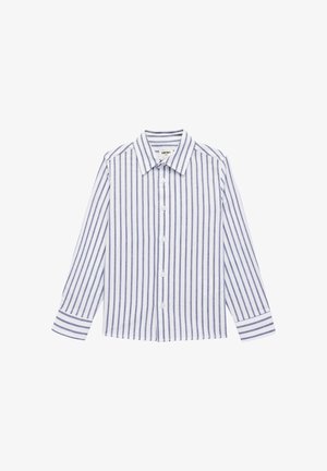 Camisa de manga larga con botones, con rayas verticales azules y blancas y cuello puntiagudo, presentada sobre un fondo blanco.
