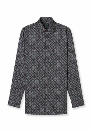Long-sleeve shirt featuring a dark patterned fabric with floral motifs in burgundy, cream, and blue. Classic collar and straight-cut hem.