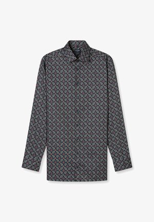 Langärmeliges Hemd aus dunkel gemustertem Stoff mit Blumenmotiven in Burgund, Creme und Blau. Klassischer Kragen und gerade geschnittener Saum.