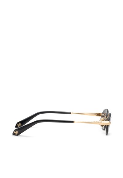 Black and gold sunglasses with thin gold temples and black earpieces, featuring a small gold logo on the ends of the arms.