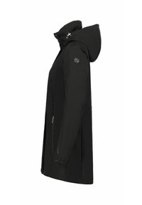 Schwarze Softshelljacke mit Kapuze, Reißverschluss vorne und Seitentaschen. Verfügt über ein rundes Logo auf der Schulter und eine glatte Textur.