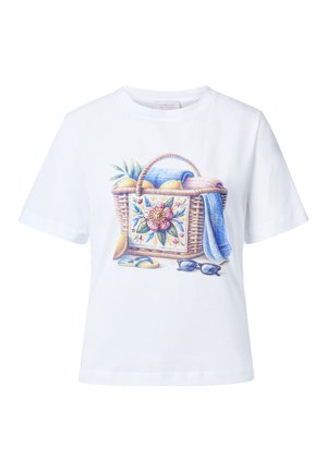 White t-shirt featuring a colorful print of a woven basket with fruits, a blue towel, sunglasses, and flip-flops. Short sleeves.