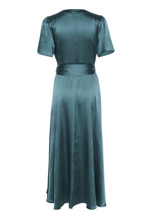 Türkises Satin-Kleid mit kurzen Puffärmeln, tailliertem Oberteil und geraffter Taille, das in einen bodenlangen Rock übergeht und eine elegante Silhouette schafft.