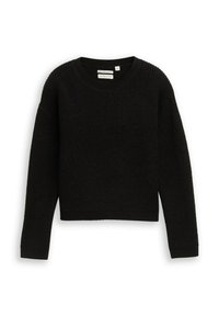 Schwarzer gestrickter Pullover mit geripptem Textur, rundem Ausschnitt und langen Ärmel. Kurz geschnittenes Design, ohne sichtbare Muster oder Hardware-Details.