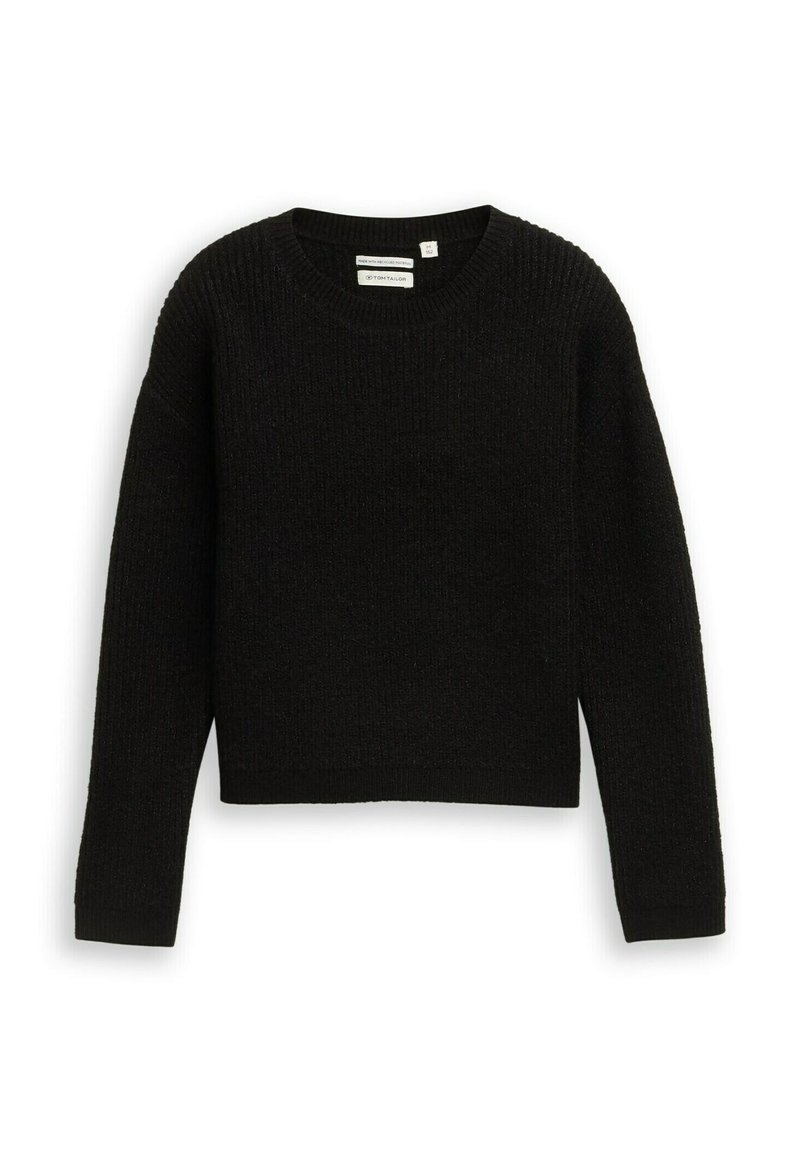 Schwarzer gestrickter Pullover mit geripptem Textur, rundem Ausschnitt und langen Ärmel. Kurz geschnittenes Design, ohne sichtbare Muster oder Hardware-Details.