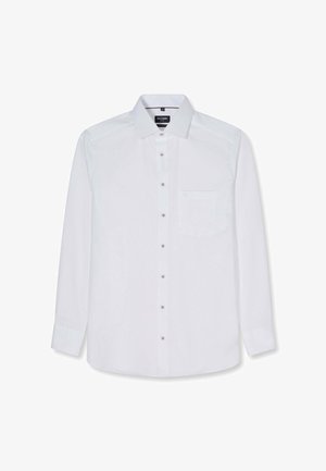 Camicia bianca a maniche lunghe con bottoni sul davanti e una tasca sul petto, mostrata su uno sfondo semplice.