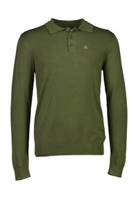 Olivgrünes Langarm-Polohemd aus weichem Stoff, mit Kragen, drei Knöpfen und einem dezenten, auf der Brust gestickten Logo.