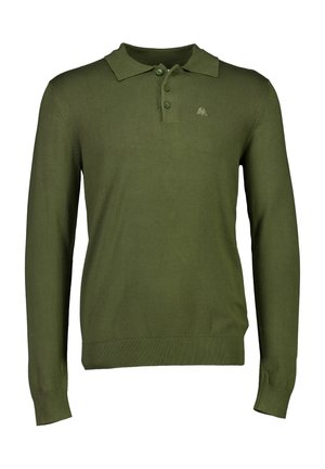 Polo shirt a maniche lunghe verde oliva realizzato in tessuto morbido, con colletto, tre bottoni e un logo ricamato sul petto.