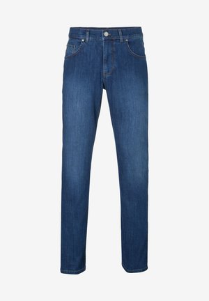 Blauwe denimjeans met een standaard vijf-pocket ontwerp, rechte pijpen en een knoopsluiting bij de taille. Gladde textuur met minimale stiksels.