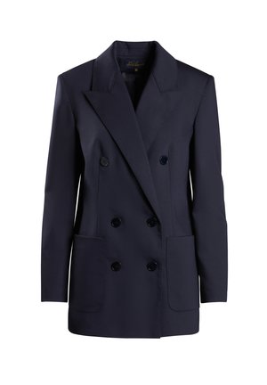 Blazer bleu marine à double boutonnage en tissu lisse, avec de grandes poches avant et des revers proéminents. Les boutons sont foncés et ronds.