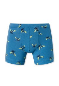Boxer shorts in cotone blu con stampa ripetuta di draghi in nero e giallo. Il design include un elastico morbido in vita e una vestibilità aderente.