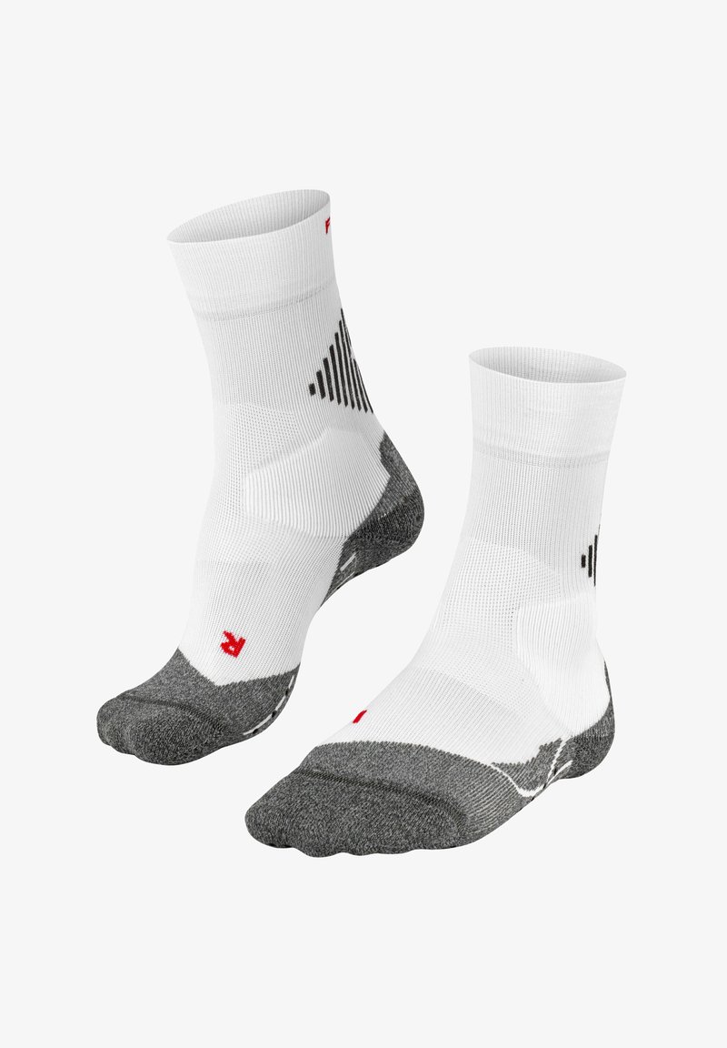 Calze sportive bianche con accenti grigi, caratterizzate da un design a coste, suola testurizzata e strisce diagonali nere. Altezza corta alla caviglia.