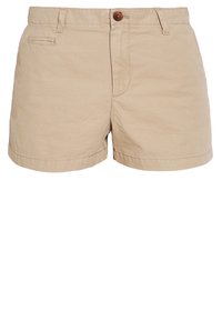 Shorts en coton beige avec poches latérales et arrière, fermeture boutonnée et passants pour ceinture, présentés sur un fond blanc.