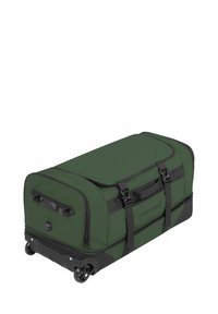 Grüne Reisetasche mit Rädern, aus strapazierfähigem Stoff gefertigt, mit schwarzen Riemen, Griffen und einem strukturierten Design in rechteckiger Form.