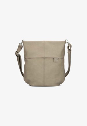 Beige Leder Umhängetasche mit einem umschlagbaren Deckel, verstellbarem Gurt und einem dezenten Logodetail. Glatte Textur mit minimalistischem Design.
