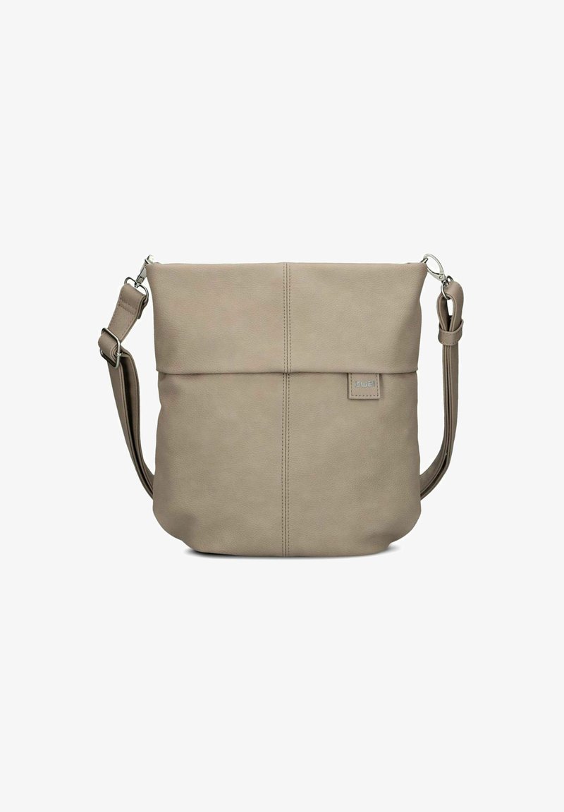 Sac bandoulière en cuir beige avec un rabat, une sangle ajustable et un détail logo discret. Texture lisse avec un design minimaliste.